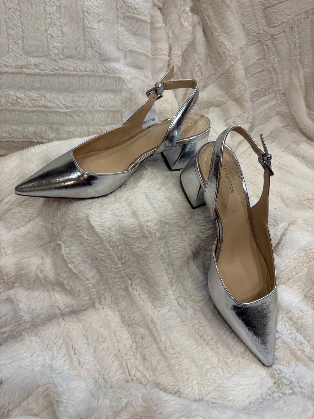 Liz Claiborne Metallic Silver Pointed-Toe Slingback Block Heel With Memory Foam